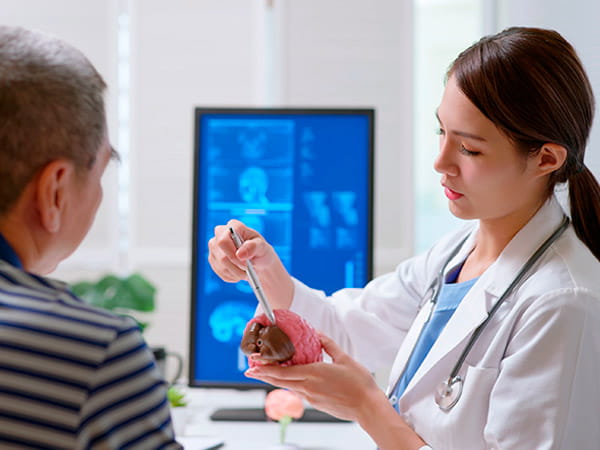 Una joven médica utiliza una maqueta de cerebro en una explicación para un paciente masculino de edad avanzada.
