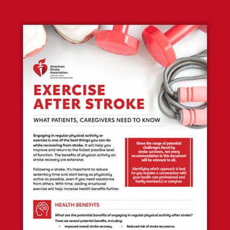 Primera página recortada del PDF "El ejercicio después de un ataque o derrame cerebral" de la American Stroke Association (Asociación Americana del Derrame Cerebral) sobre un fondo rojo