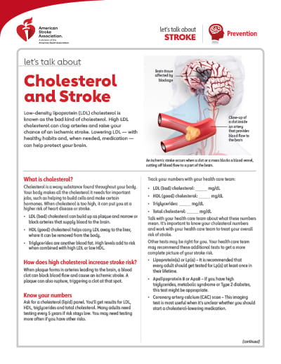 front side of the Let's Talk About Stroke: Cholesterol and Stroke resource