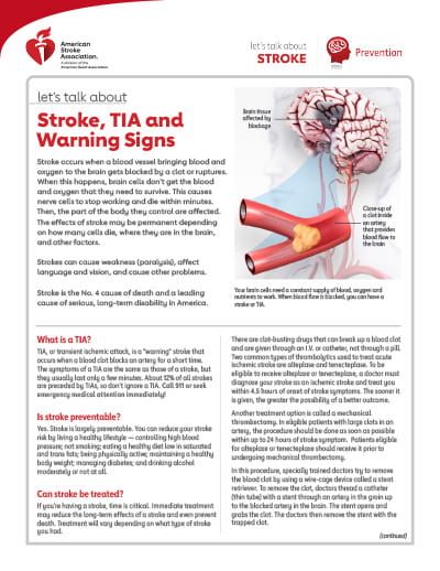 front side of the Let's Talk About Stroke, TIA and Warning Signs information sheet