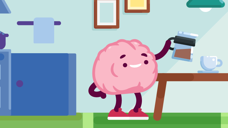 Una colorida ilustración de un personaje cerebral rosa sirviendo una taza de café en una cocina