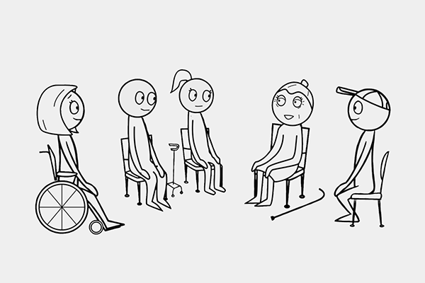 Illustration of stick figures in a support group setting
